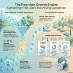 Freemium Model: Converting Free Users to Paying Customers An infographic titled 'The Freemium Growth Engine: Converting Free Users into Paying Customers' displaying the SaaS marketing funnel, conversion rates, and product-led growth feature gating examples from Slack, Zoom, and Dropbox.