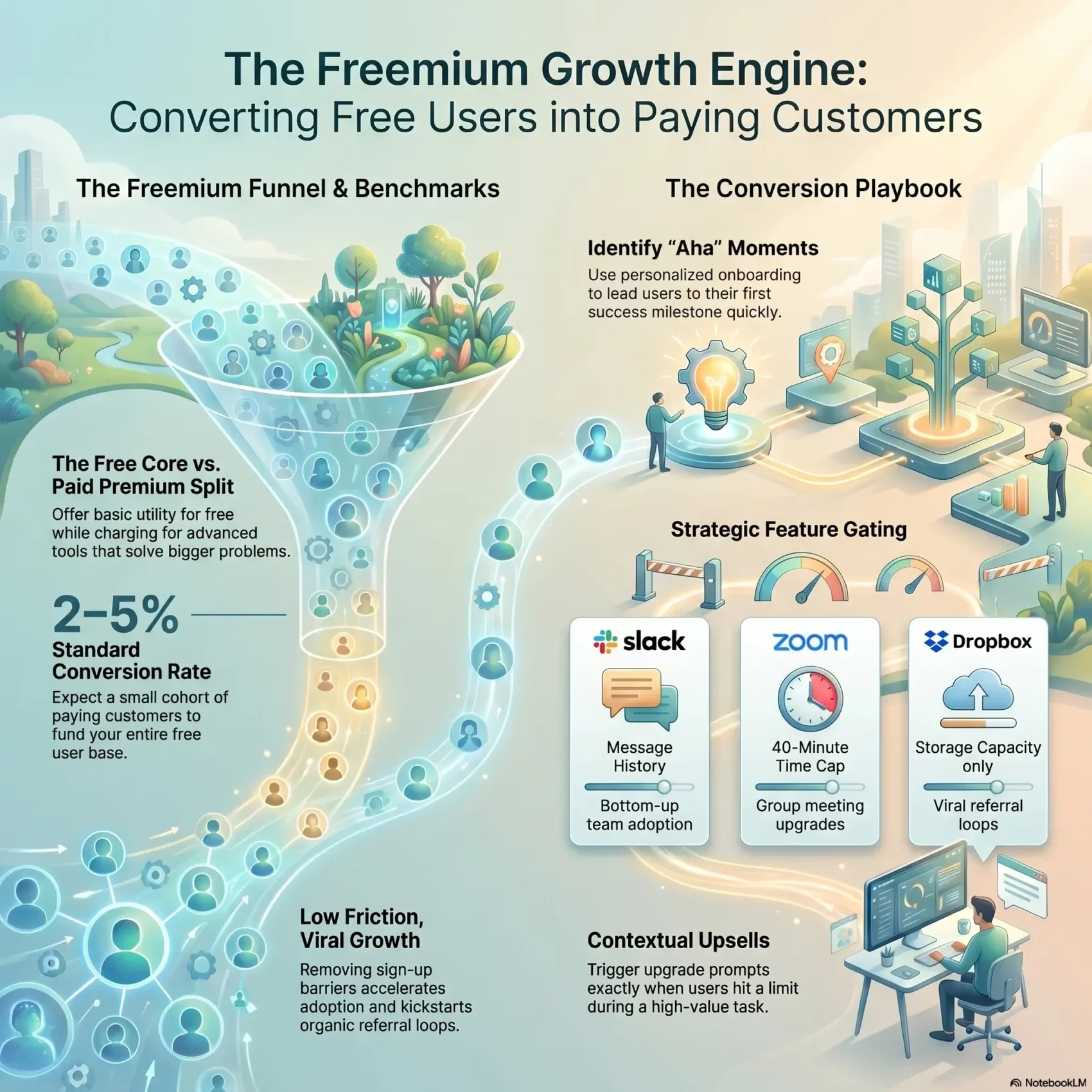 An infographic titled 'The Freemium Growth Engine: Converting Free Users into Paying Customers' displaying the SaaS marketing funnel, conversion rates, and product-led growth feature gating examples from Slack, Zoom, and Dropbox.