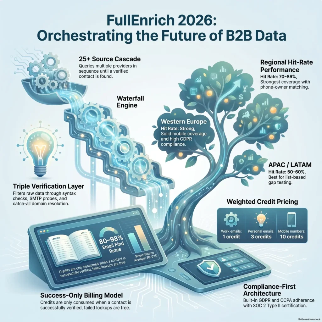 SmartKeys Infographic illustrating FullEnrich B2B data orchestration architecture, including 25 plus source cascade enrichment, email verification, GDPR compliance, and CRM integrations.