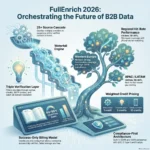 FullEnrich Review 2026: Is It the Ultimate B2B Data Finder? SmartKeys Infographic illustrating FullEnrich B2B data orchestration architecture, including 25 plus source cascade enrichment, email verification, GDPR compliance, and CRM integrations.