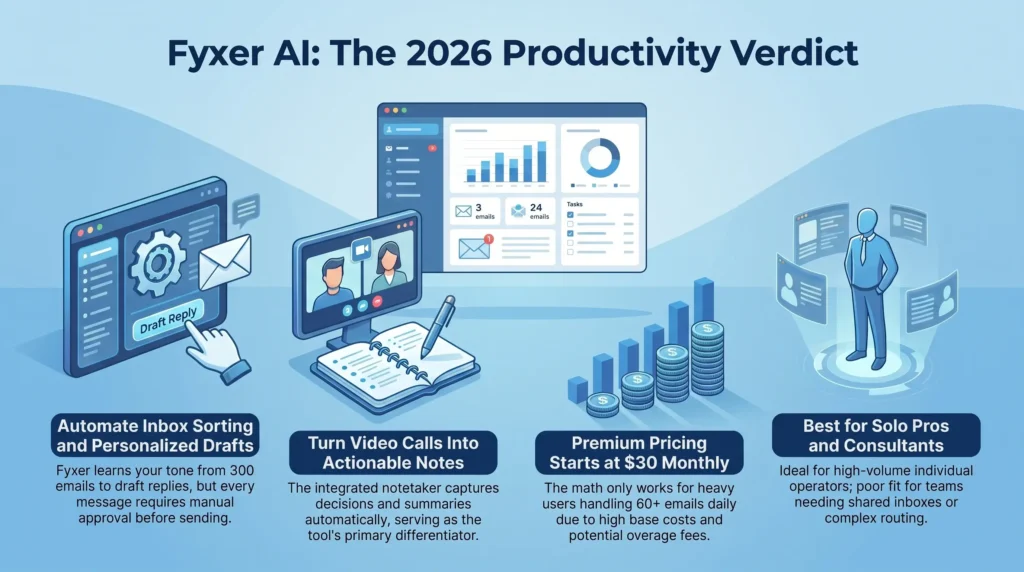 Infographic detailing Fyxer AI productivity features, including automated inbox sorting, draft replies, AI meeting notes, pricing breakdown, and recommendations for solo professionals.