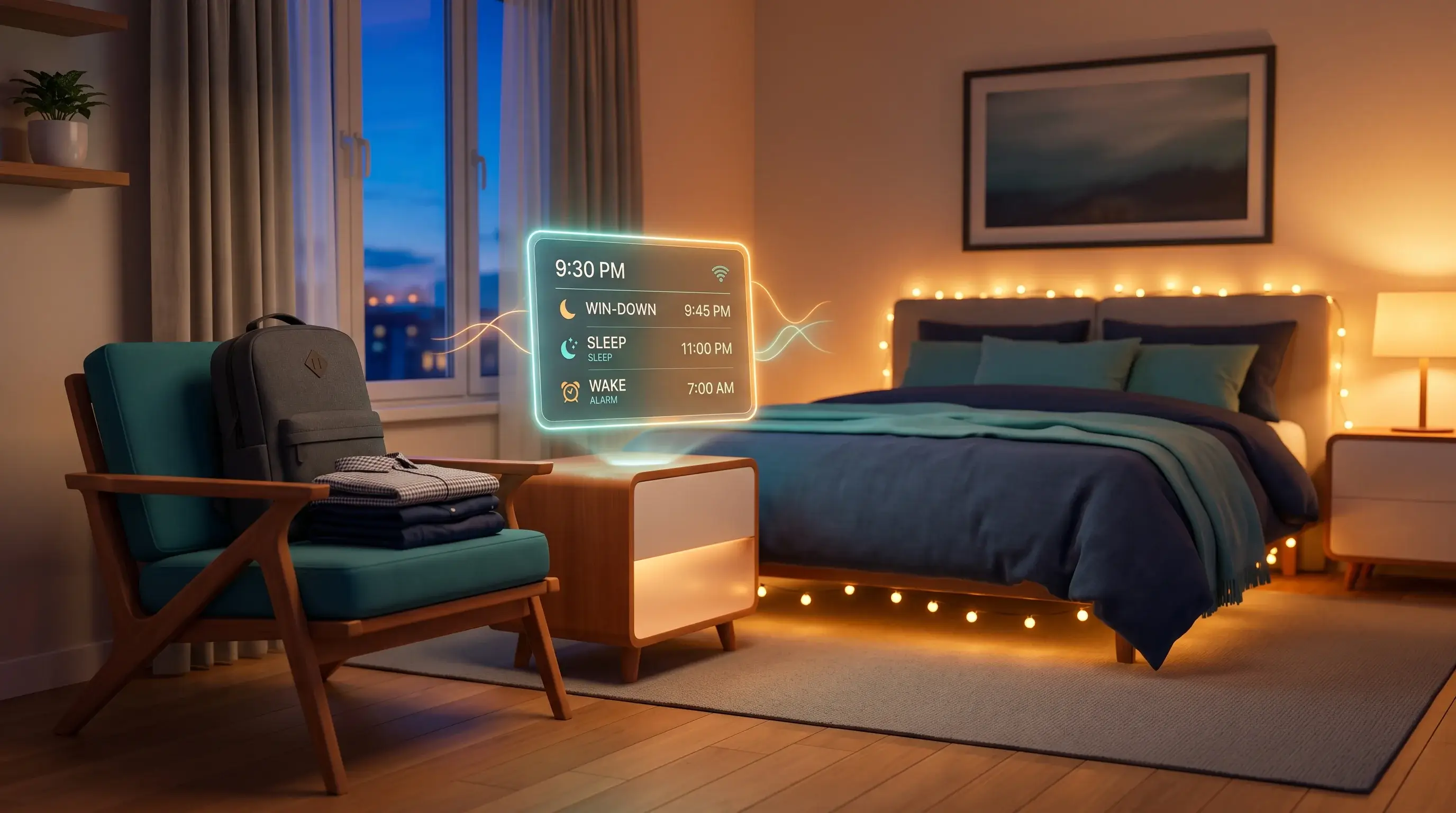 Modern 3D tech-style illustration of a cozy bedroom where an outfit and work bag are pre-packed on a chair, with gentle warm light and subtle scheduling interfaces, representing the powerful habit of making decisions the night before for better sleep and a proactive morning.