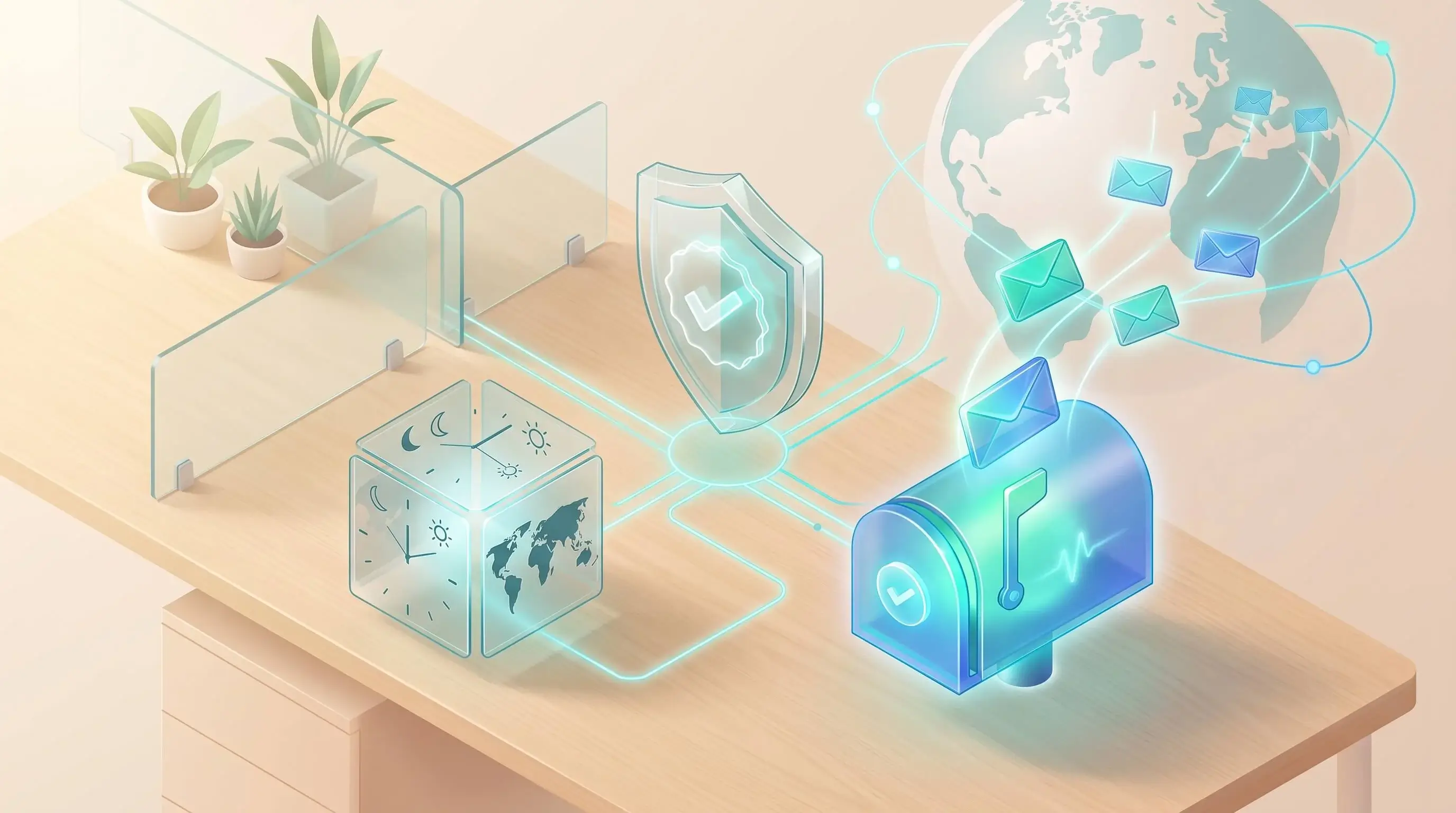 3D illustration of an email authentication shield, a timezone clock and a glowing mailbox sending messages around a digital globe