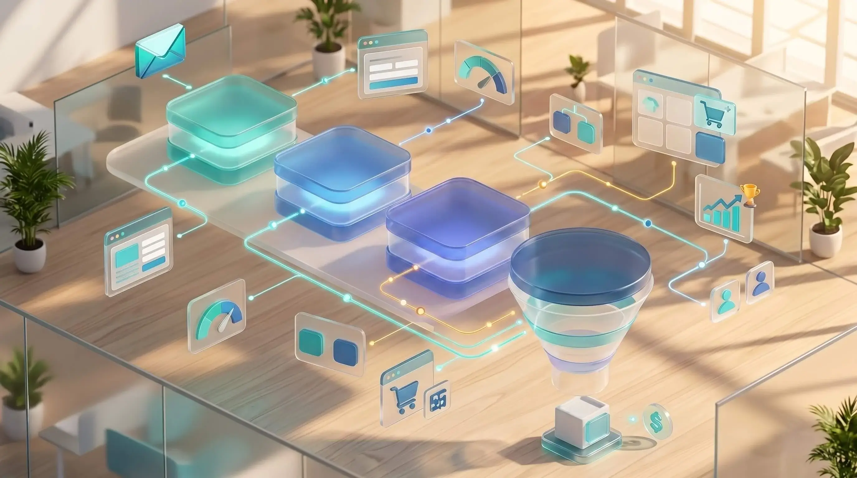 3D isometric illustration of an automation workflow with glassmorphic nodes, email triggers and performance charts on a desk