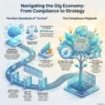 Infographic titled "Navigating the Gig Economy: From Compliance to Strategy" highlighting standards of algorithmic management, pay floors, and global labor laws like the California ABC Test.