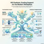 An infographic titled 'HR Chatbots: Scaling Support for the Modern Workplace' highlighting the benefits, implementation roadmap, and specialized bot types like recruiting, helpdesk, and engagement tools for automated employee support.
