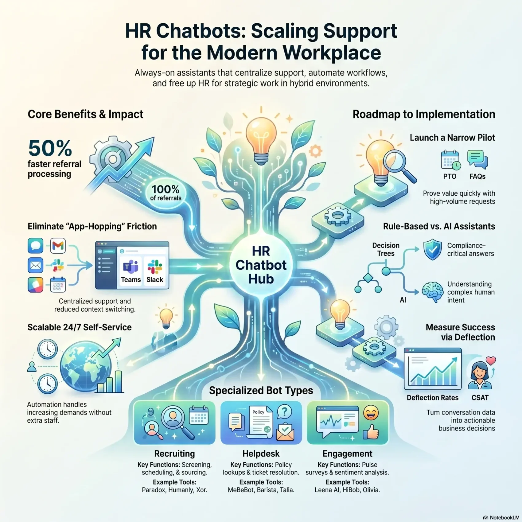 An infographic titled 'HR Chatbots: Scaling Support for the Modern Workplace' highlighting the benefits, implementation roadmap, and specialized bot types like recruiting, helpdesk, and engagement tools for automated employee support.