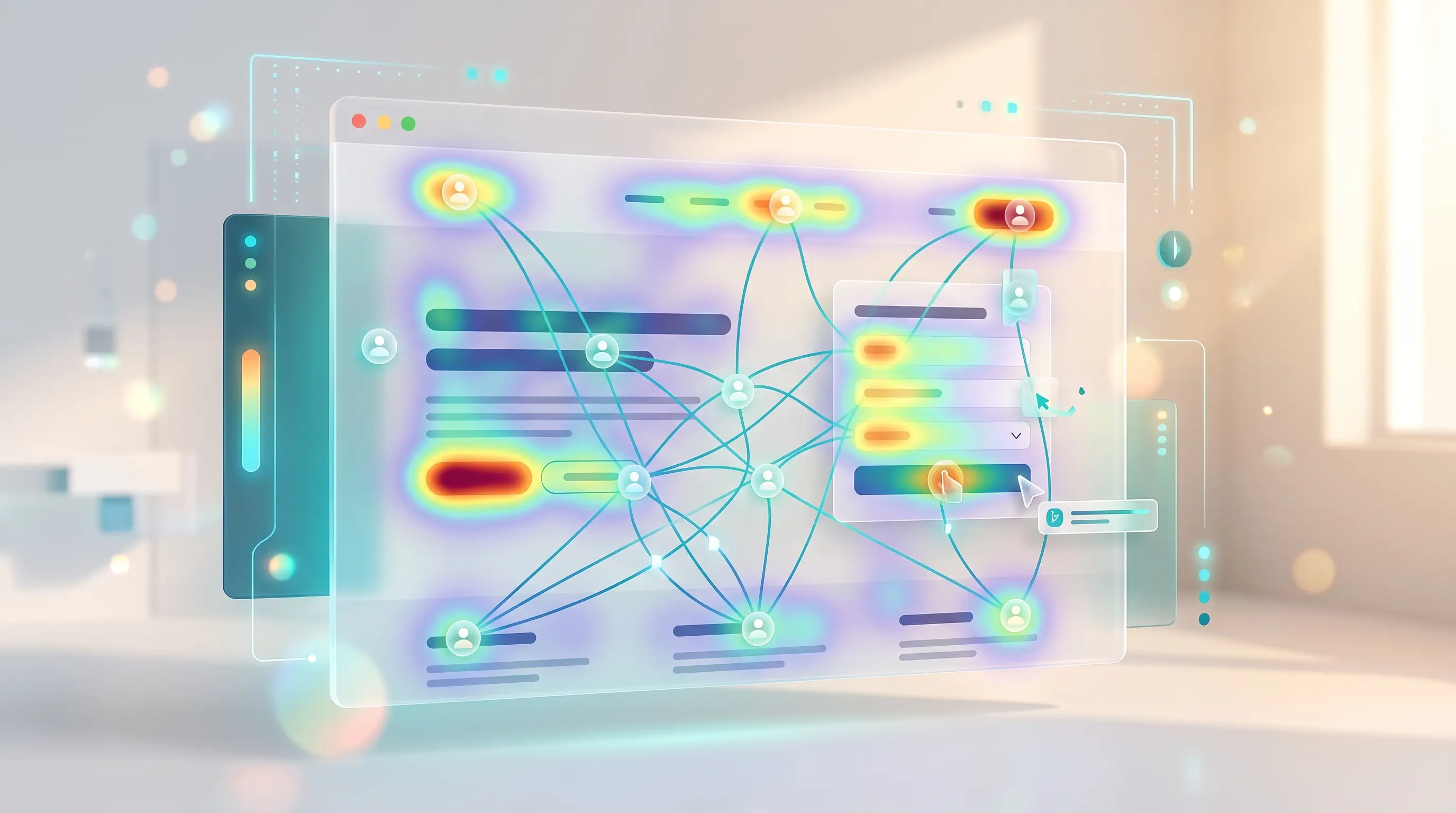 Illustration of website heatmap analytics displaying user interaction touchpoints and visitor behavior tracking metrics