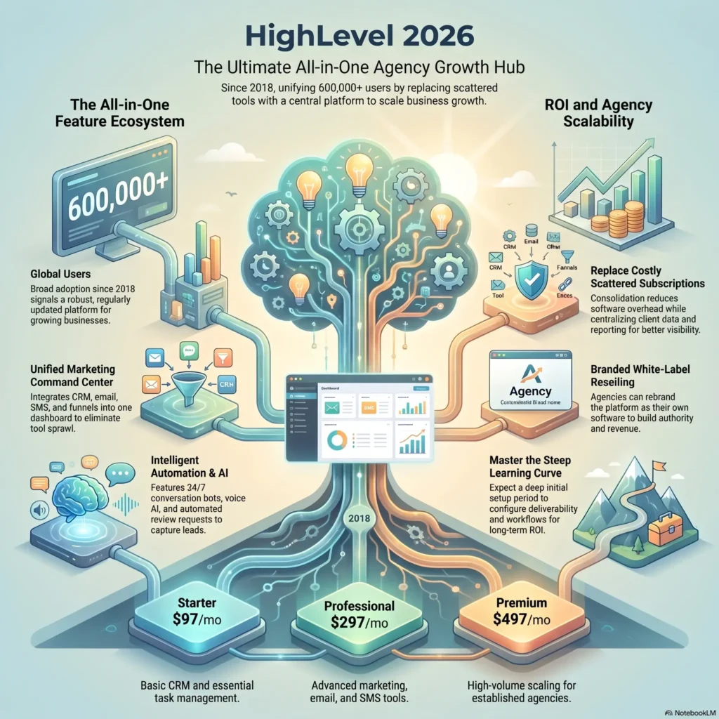 HighLevel 2026 agency growth hub infographic detailing unified CRM and funnel tools, AI automation, white-label reselling, pricing plans ($97/mo Starter, $297/mo Professional, $497/mo Premium), and agency ROI scalability.