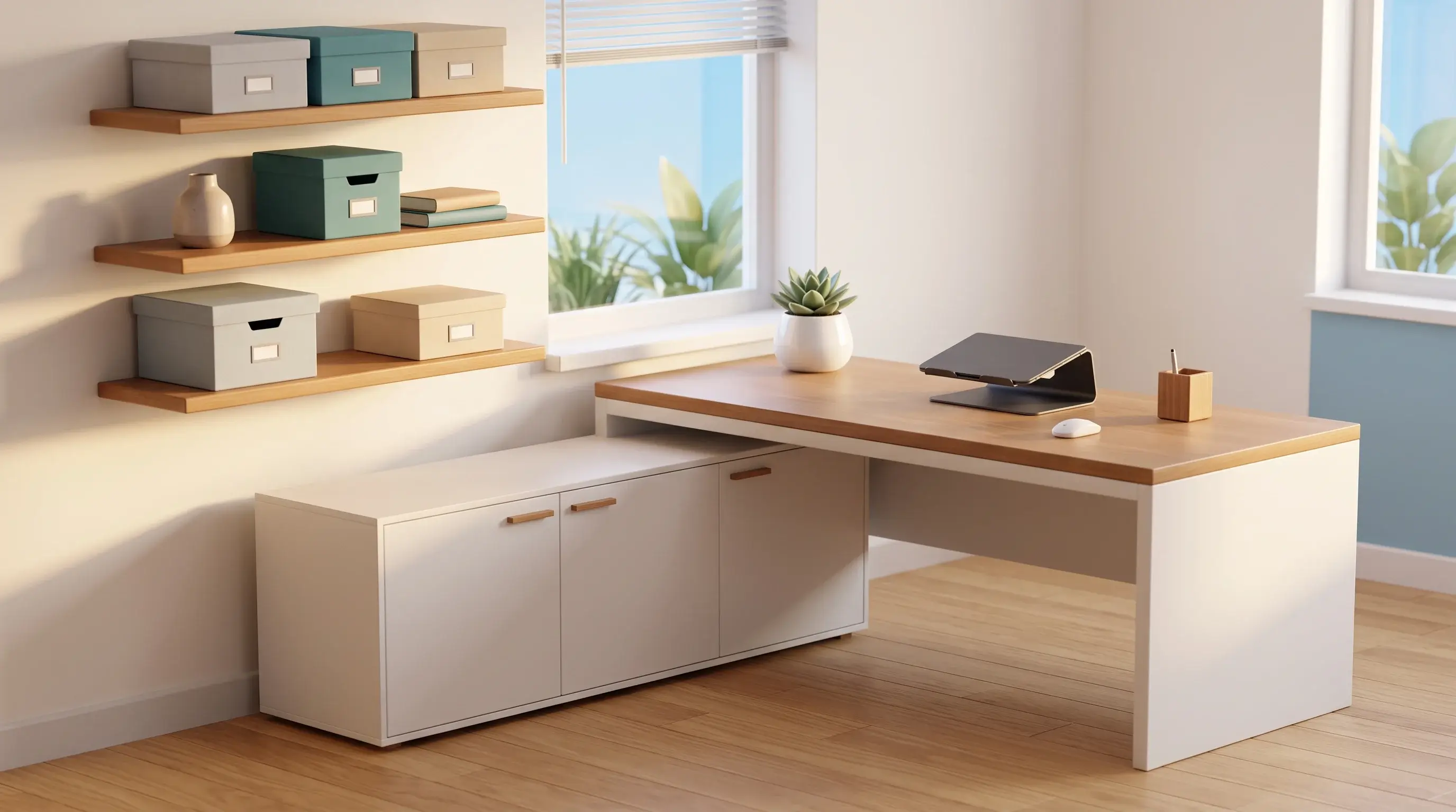 Minimalist home office setup featuring an organized L-shaped wooden desk, modern credenza storage, and wall shelves in warm sunlight for productive workspace decluttering.