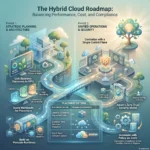 Hybrid Cloud Strategy 2026: Balancing On-Premises and Cloud Infographic showcasing a hybrid cloud strategy roadmap for performance and compliance, detailing workload placement criteria, unified operations, and a zero-trust security model.