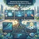 Hybrid Workforce Tools: Keeping In-Office and Remote Staff in Sync Infographic blueprint titled 'Mastering the Hybrid Sync' showing a digital tech tree with strategies for seamless calendar integration, zero-trust security, space optimization ROI, and hybrid workforce attendance models.