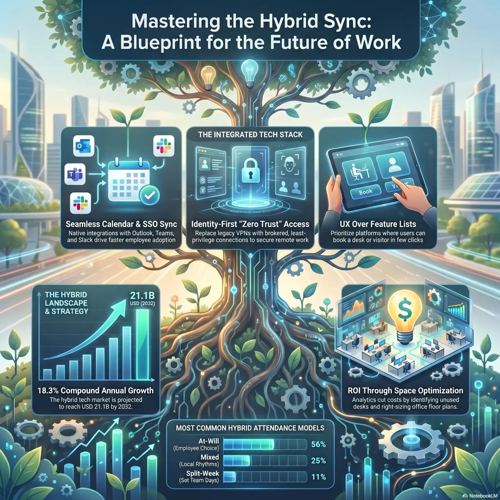 Infographic blueprint titled 'Mastering the Hybrid Sync' showing a digital tech tree with strategies for seamless calendar integration, zero-trust security, space optimization ROI, and hybrid workforce attendance models.