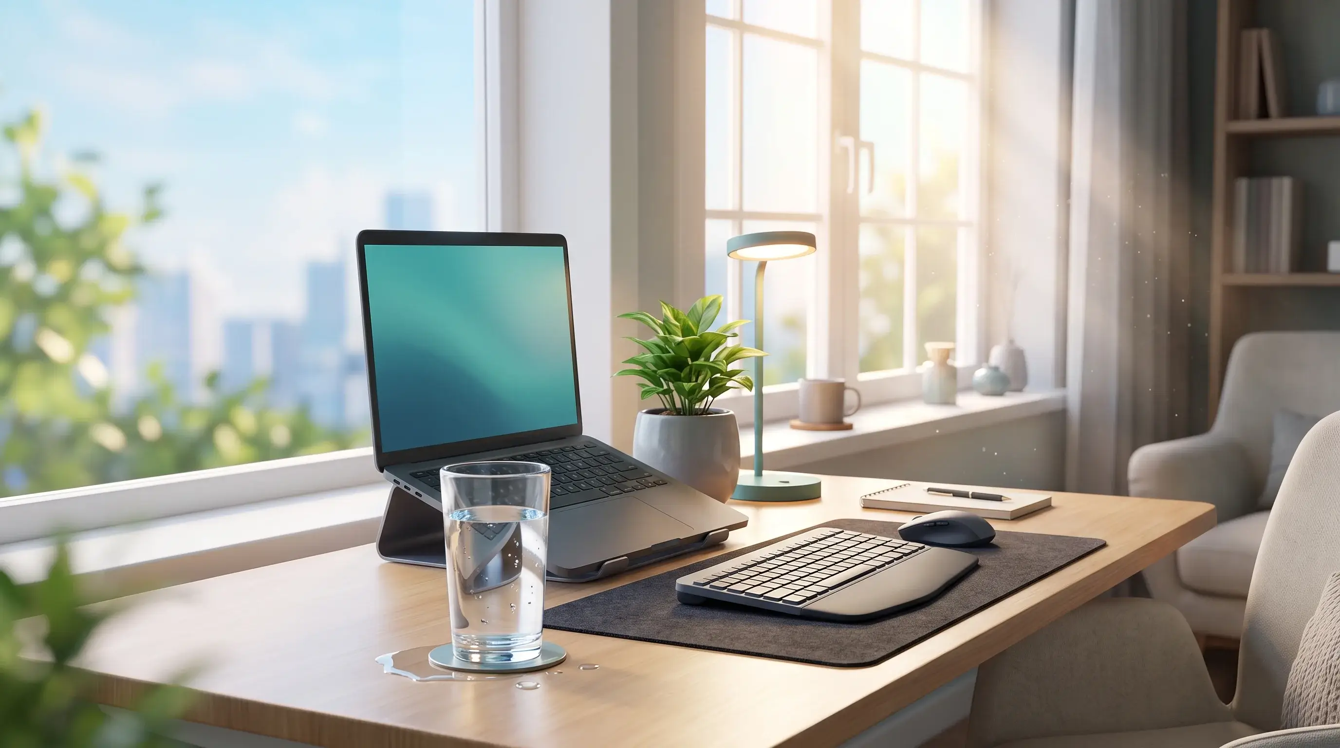 Clean 3D tech illustration of a glass of fresh water on a minimalist desk with a small plant in warm morning sunlight, conceptualizing the smart wake-up routine of hydration to boost productivity without distractions.