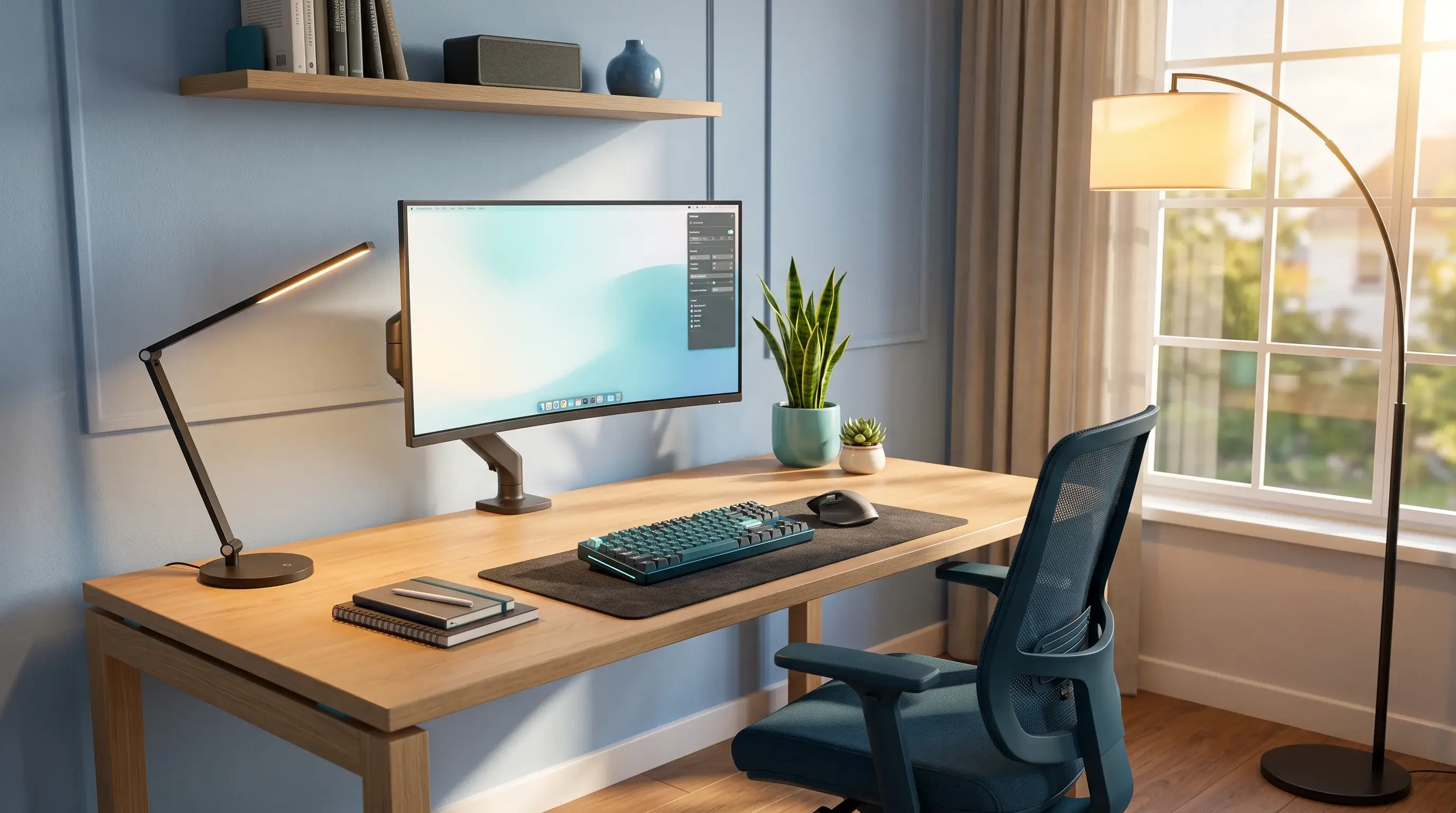 Ergonomic modern home office desk with an eye-level monitor, task lamp, and warm side-on natural window lighting for eyestrain reduction in 3D illustration style.