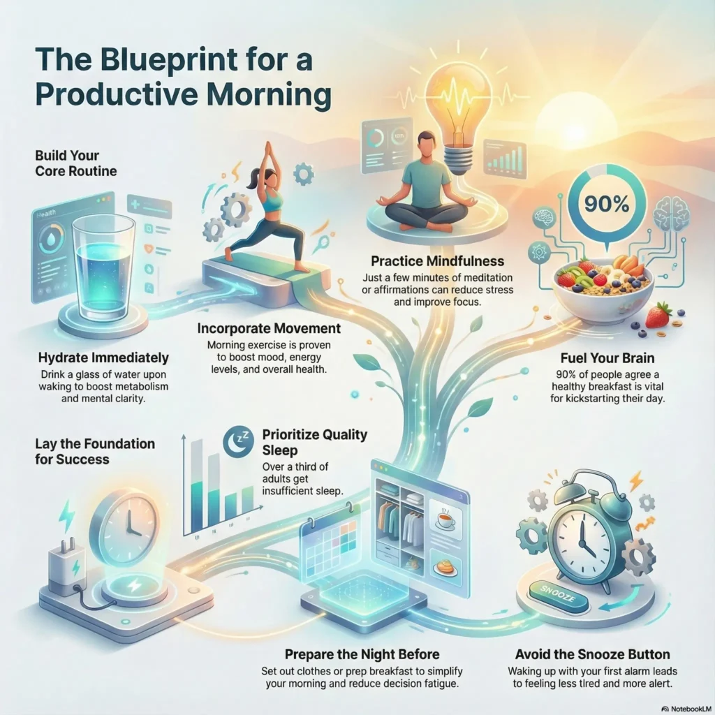 Infographic titled "The Blueprint for a Productive Morning" visualizing key habits from the SmartKeys article "10 Morning Routines to Boost Your Productivity." It illustrates a 6-step cycle including preparing the night before, waking up without snoozing, hydrating immediately, practicing mindfulness, incorporating exercise, and eating a healthy breakfast to enhance mental clarity.