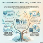 5 Emerging Remote Work Roles in 2026 That Could Shape the Future Infographic titled “The Future of Remote Work: 5 Key Roles for 2026,” created for the SmartKeys.org article “5 Emerging Remote Work Roles in 2026 That Shape the Future.” The illustration shows a glowing digital tree branching into five icons that represent new remote careers: AI prompt operations specialist, customer success operations manager, developer advocate for SaaS platforms, product led growth marketer, and cloud security automation engineer. Each branch is paired with charts, laptops, clouds, and bridge visuals to highlight data driven work, SaaS ecosystems, and secure cloud infrastructure. Soft gradients, tech devices, and floating icons emphasize asynchronous collaboration, distributed teams, and in demand skills for the future of work in 2026.