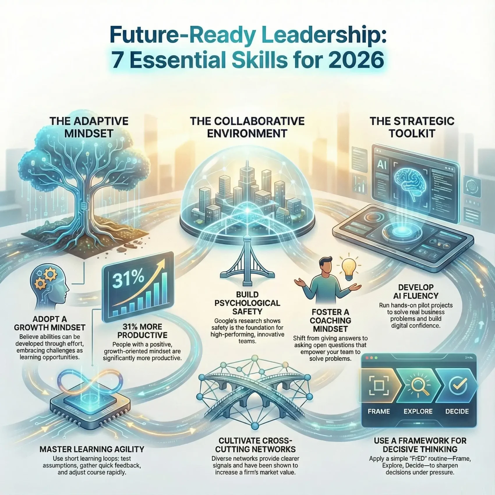 Infographic of 7 future leadership skills for 2026: adaptive mindset, collaborative environment and strategic toolkit