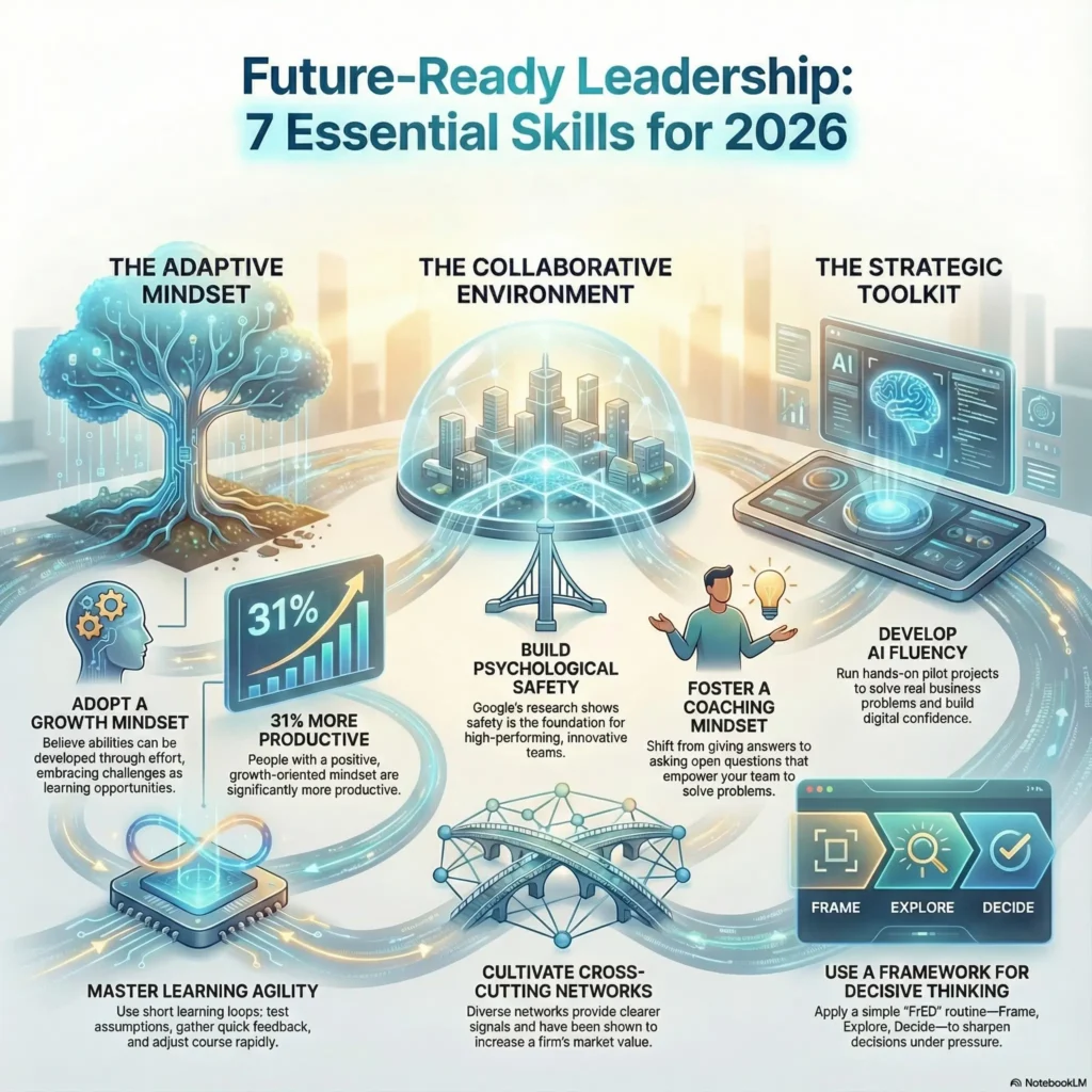 Infographic titled "Future-Ready Leadership: 7 Essential Skills for 2026" visualizing three core pillars for the modern workplace: The Adaptive Mindset (Growth Mindset, Learning Agility), The Collaborative Environment (Psychological Safety, Cross-Cutting Networks), and The Strategic Toolkit (AI Fluency, Coaching Mindset, Decisive Thinking). A visual guide for future work strategies by SmartKeys.