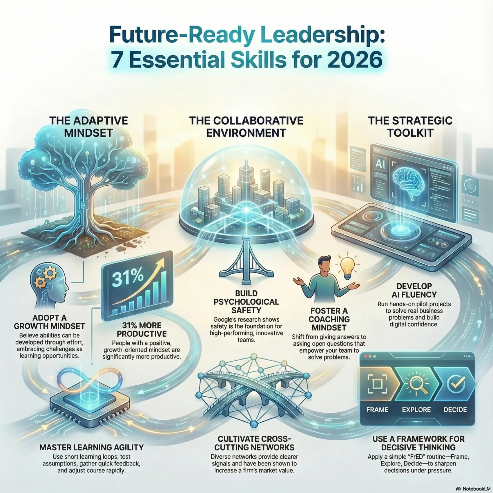 Infographic titled "Future-Ready Leadership: 7 Essential Skills for 2026" visualizing three core pillars for the modern workplace: The Adaptive Mindset (Growth Mindset, Learning Agility), The Collaborative Environment (Psychological Safety, Cross-Cutting Networks), and The Strategic Toolkit (AI Fluency, Coaching Mindset, Decisive Thinking). A visual guide for future work strategies by SmartKeys.