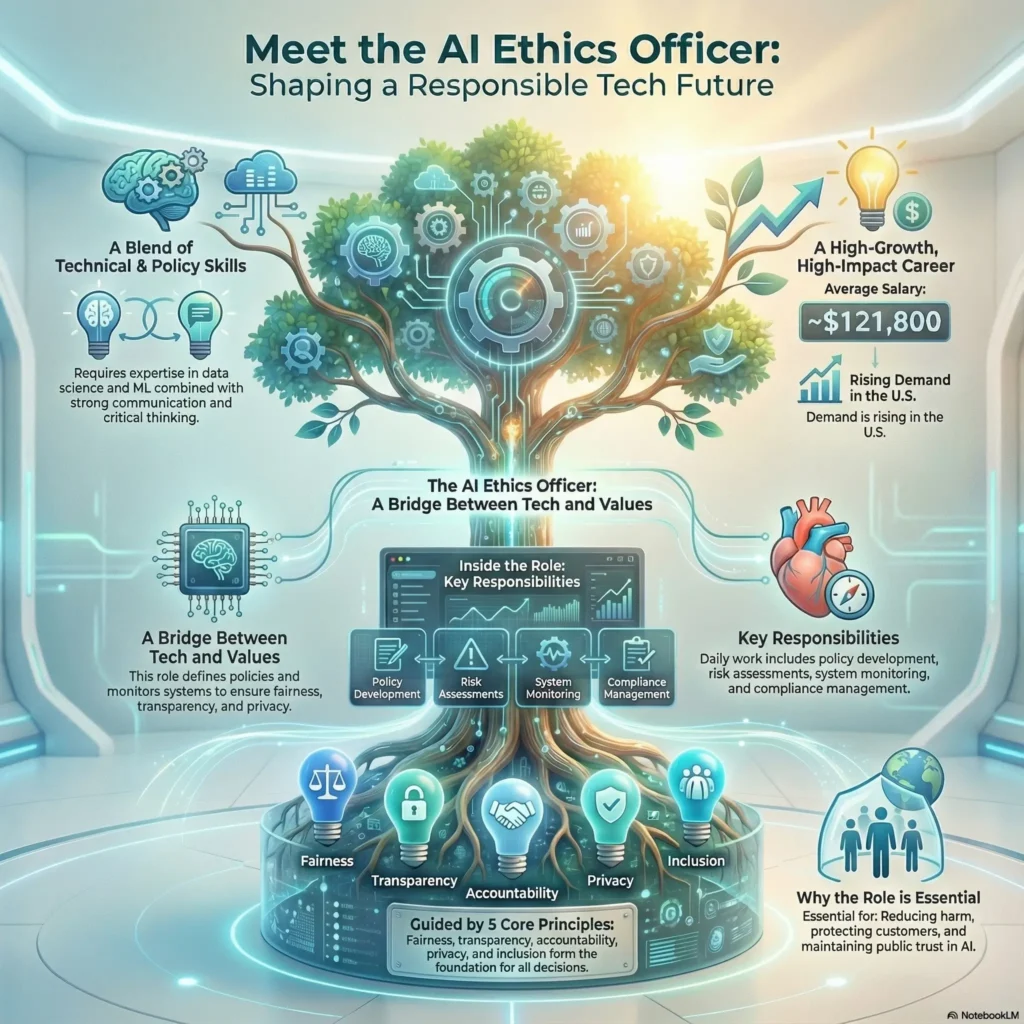 Infographic explaining the role of an AI Ethics Officer, including key skills, responsibilities and core principles