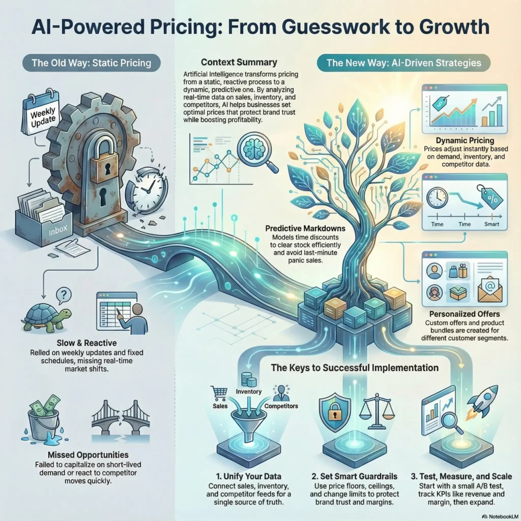 Infographic titled “AI Powered Pricing: From Guesswork to Growth”. The left side, labeled “The old way: static pricing”, shows a large mechanical safe and stacks of paper marked with a weekly update. Icons highlight problems: a turtle for slow and reactive changes, and a broken bridge for missed opportunities when demand or competitors move quickly. The center section, “Context summary”, explains that artificial intelligence can transform pricing by analyzing real time data on sales, inventory, and competitors to set optimal prices that protect brand value and profitability. The right side, labeled “The new way: AI driven strategies”, features a glowing tree connected to data blocks. Three panels describe dynamic pricing that adjusts instantly to demand and inventory, predictive markdowns that time discounts to clear stock, and personalized offers that create custom bundles for different customer segments. At the bottom, “The keys to successful implementation” presents three steps: unify your data by connecting sales, inventory, and competitor feeds; set smart guardrails using price floors, ceilings, and change limits; and test, measure, and scale with small A/B tests and KPIs like revenue and margin. A flowing digital path connects the old system to the new AI powered approach.