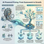 Infographic titled “AI Powered Pricing: From Guesswork to Growth”. The left side, labeled “The old way: static pricing”, shows a large mechanical safe and stacks of paper marked with a weekly update. Icons highlight problems: a turtle for slow and reactive changes, and a broken bridge for missed opportunities when demand or competitors move quickly. The center section, “Context summary”, explains that artificial intelligence can transform pricing by analyzing real time data on sales, inventory, and competitors to set optimal prices that protect brand value and profitability. The right side, labeled “The new way: AI driven strategies”, features a glowing tree connected to data blocks. Three panels describe dynamic pricing that adjusts instantly to demand and inventory, predictive markdowns that time discounts to clear stock, and personalized offers that create custom bundles for different customer segments. At the bottom, “The keys to successful implementation” presents three steps: unify your data by connecting sales, inventory, and competitor feeds; set smart guardrails using price floors, ceilings, and change limits; and test, measure, and scale with small A/B tests and KPIs like revenue and margin. A flowing digital path connects the old system to the new AI powered approach.