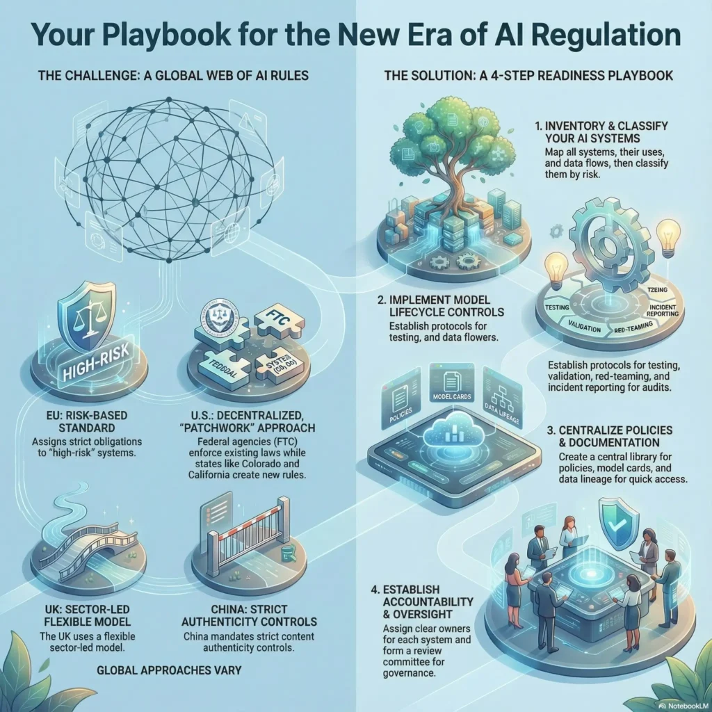 Illustrated infographic titled “Your Playbook for the New Era of AI Regulation,” created for the SmartKeys.org article “AI Regulation 2026: Preparing Your Business for New Rules.” The left side shows a global web of AI rules with icons for the EU risk based standard, the decentralized U.S. patchwork approach, the UK sector led flexible model, and China’s strict authenticity controls, highlighting how global approaches vary. The right side presents a four step readiness playbook: inventory and classify your AI systems, implement model lifecycle controls for testing and incident reporting, centralize policies and documentation, and establish accountability and oversight with clear owners. A connecting flow between the globe and a digital tree of controls visually emphasizes how businesses can turn complex, cross border AI regulations into a practical governance framework for 2026 and beyond.