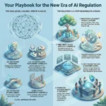 Illustrated infographic titled “Your Playbook for the New Era of AI Regulation,” created for the SmartKeys.org article “AI Regulation 2026: Preparing Your Business for New Rules.” The left side shows a global web of AI rules with icons for the EU risk based standard, the decentralized U.S. patchwork approach, the UK sector led flexible model, and China’s strict authenticity controls, highlighting how global approaches vary. The right side presents a four step readiness playbook: inventory and classify your AI systems, implement model lifecycle controls for testing and incident reporting, centralize policies and documentation, and establish accountability and oversight with clear owners. A connecting flow between the globe and a digital tree of controls visually emphasizes how businesses can turn complex, cross border AI regulations into a practical governance framework for 2026 and beyond.
