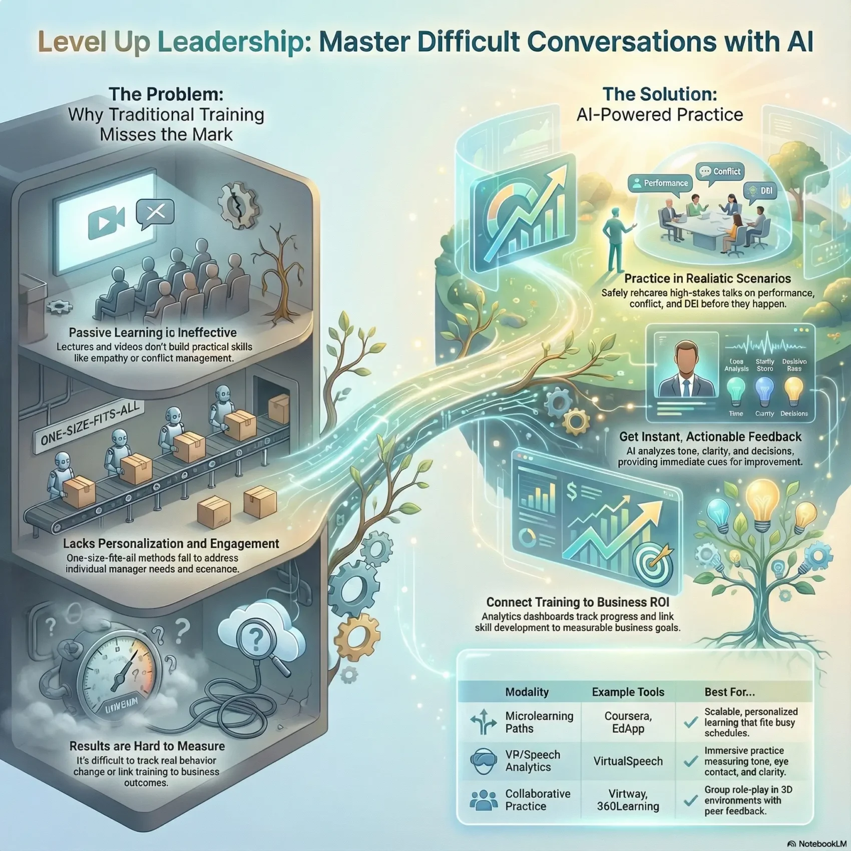 Infographic titled “Level Up Leadership: Master Difficult Conversations with AI”. On the left, a grey training room shows people passively watching videos while robots stamp identical boxes on a conveyor belt. Text explains “The Problem: Why Traditional Training Misses the Mark”, describing passive learning, one-size-fits-all programs that lack personalization and engagement, and results that are hard to measure. On the right, a bright, tech-enabled landscape illustrates “The Solution: AI-Powered Practice”. Icons show managers practicing realistic conversations about performance, conflict, and DEI; an AI dashboard analyzing tone, clarity, and decisions to give instant feedback; and analytics charts linking training to business ROI. At the bottom, a table outlines different modalities such as microlearning paths, VR/speech analytics, and collaborative practice, with example tools and best-use cases. A glowing tree and circuitry motif connects the old classroom on the left to the AI-enhanced learning environment on the right.
