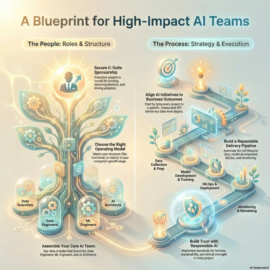 Infographic titled “A Blueprint for High-Impact AI Teams”. The left half, “The People: Roles & Structure”, shows a glowing tree with icons for different roles at its roots: Data Scientists, Data Engineers, ML Engineers, and AI Architects. Text highlights the need to assemble a core AI team, secure C-suite sponsorship for funding and adoption, and choose the right operating model for the company’s stage. The right half, “The Process: Strategy & Execution”, depicts a conveyor-belt style pathway. Steps include aligning AI initiatives to specific business outcomes and KPIs, data collection and preparation, model development and training, MLOps and deployment, and ongoing monitoring and retraining. At the end, a shield icon represents “Build trust with Responsible AI”, emphasizing fairness, explainability, and ethical oversight across the AI lifecycle.