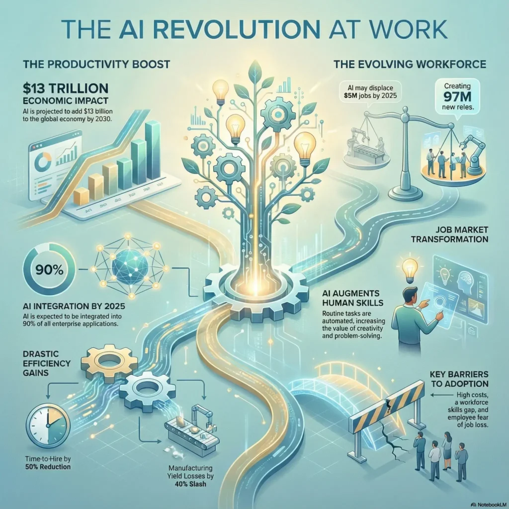 Infographic titled The AI Revolution at Work illustrating the $13 trillion economic impact of AI and the evolving workforce. It details job market transformations, highlighting that while automation streamlines routine tasks, it is projected to create 97 million new roles and integrate into 90% of enterprise applications by 2025.