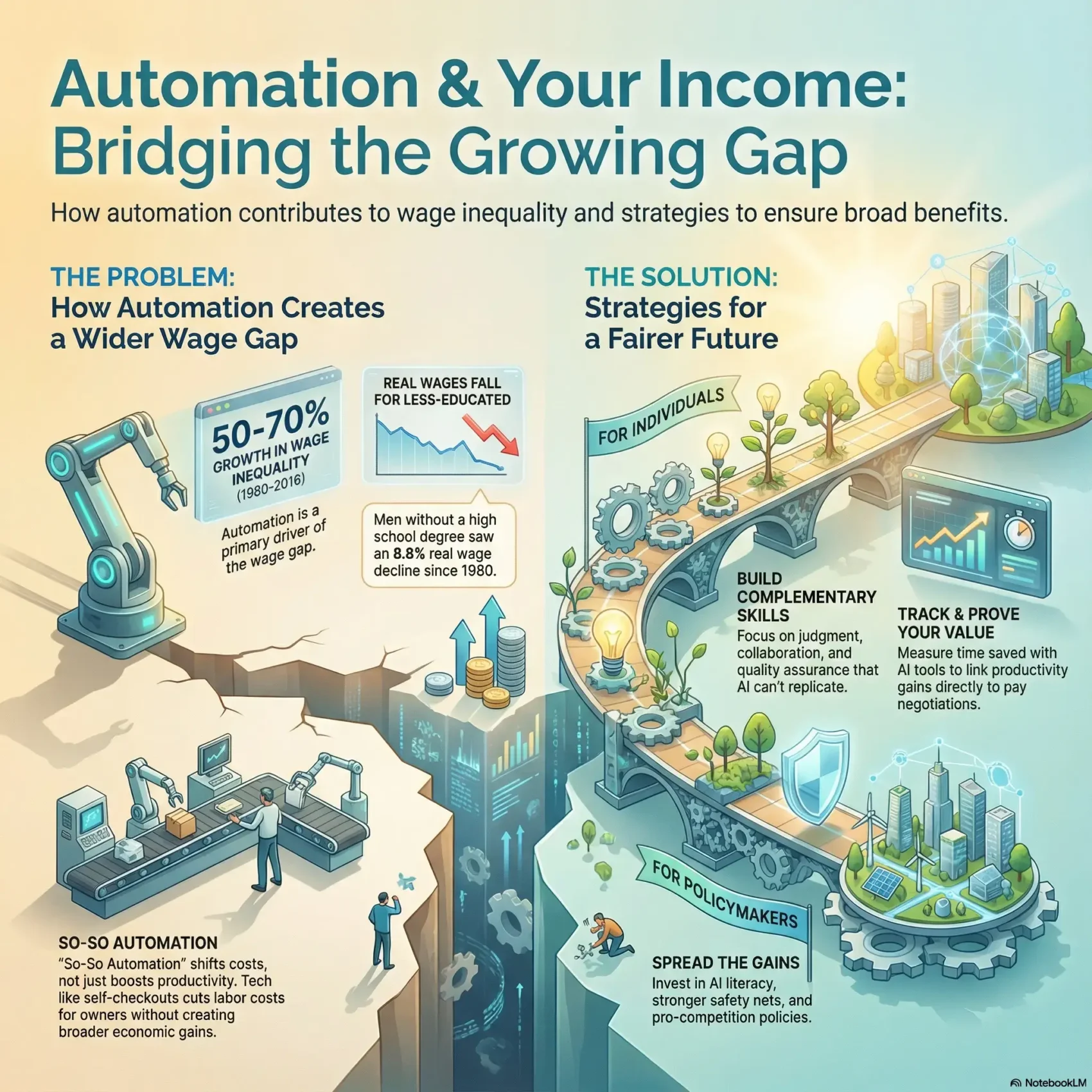 Infographic titled Automation & Your Income illustrating the wage gap caused by technology and strategies for a fairer future. It compares the problem of rising inequality with solutions like building complementary human skills, tracking productivity value, and policy changes to ensure broad economic benefits.