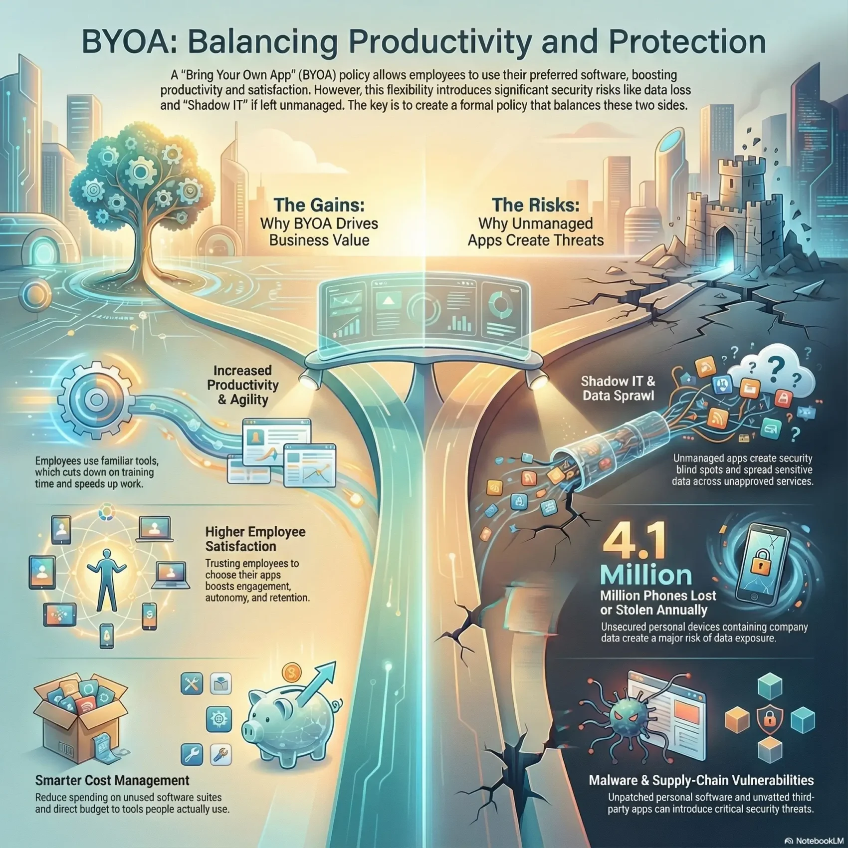 Illustrated infographic titled "BYOA: Balancing Productivity and Protection" created for the SmartKeys.org article "BYOA Policy: Embracing Employee-Preferred Apps While Maintaining Security." The left side shows a flourishing digital tree that represents the gains of a Bring Your Own App strategy, including increased productivity and agility, higher employee satisfaction from choosing familiar tools, and smarter cost management by cutting unused software. The right side depicts a crumbling fortress and data pipeline to highlight risks such as shadow IT, data sprawl, 4.1 million phones lost or stolen annually, and malware or supply chain vulnerabilities from unmanaged apps. A central control panel and divided roadway visually emphasize that companies must balance employee app choice with a formal BYOA policy, strong security controls, and continuous monitoring.