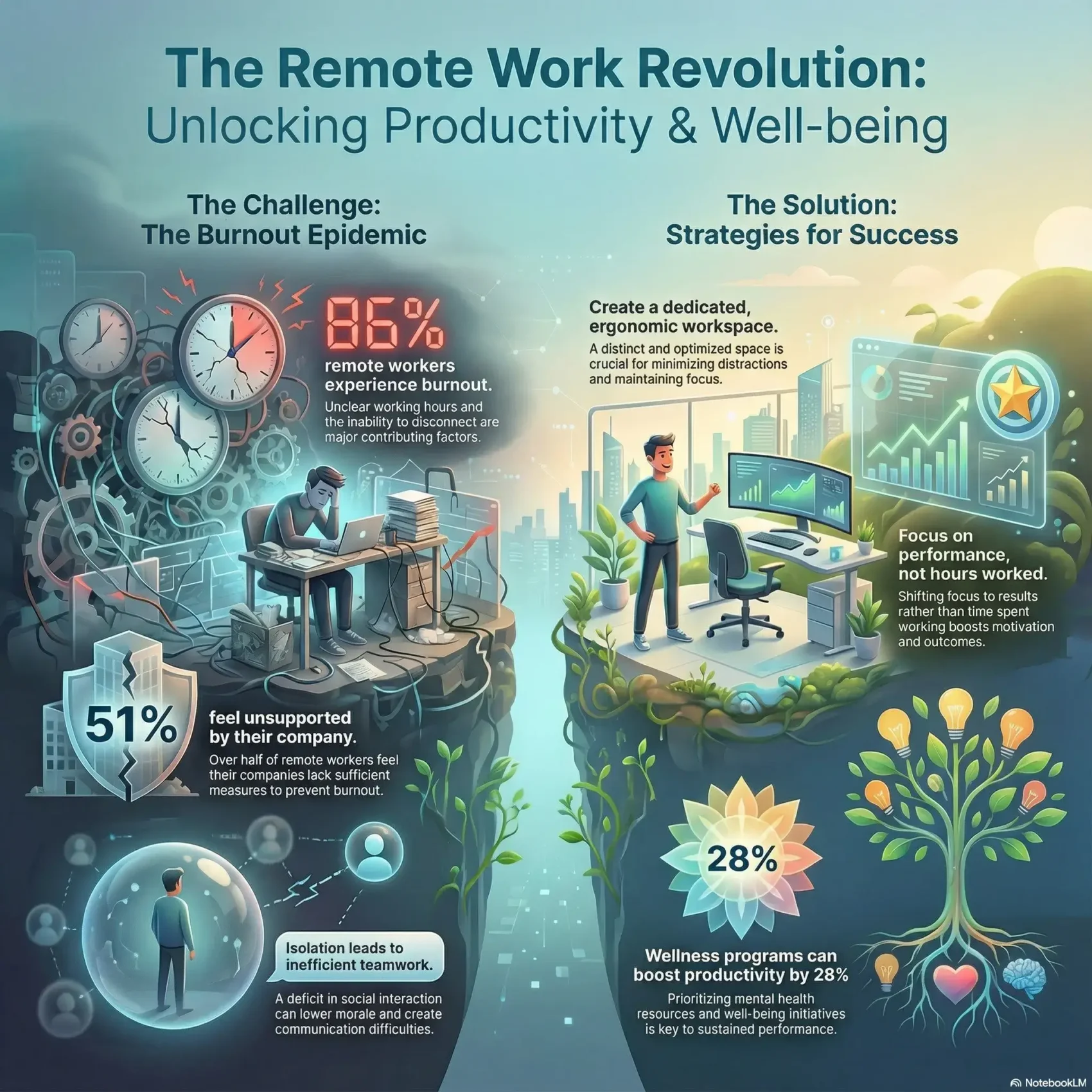 Infographic titled The Remote Work Revolution comparing the burnout epidemic with strategies for success. It notes that 86% of remote workers experience burnout while wellness programs can boost productivity by 28%, advocating for ergonomic workspaces and results-focused management.