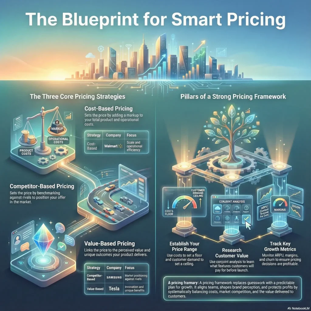 Infographic titled The Blueprint for Smart Pricing detailing three core strategies: cost-based, competitor-based, and value-based pricing. It displays a framework for sustainable growth that balances costs, customer demand, and value analysis to set profitable price ranges.