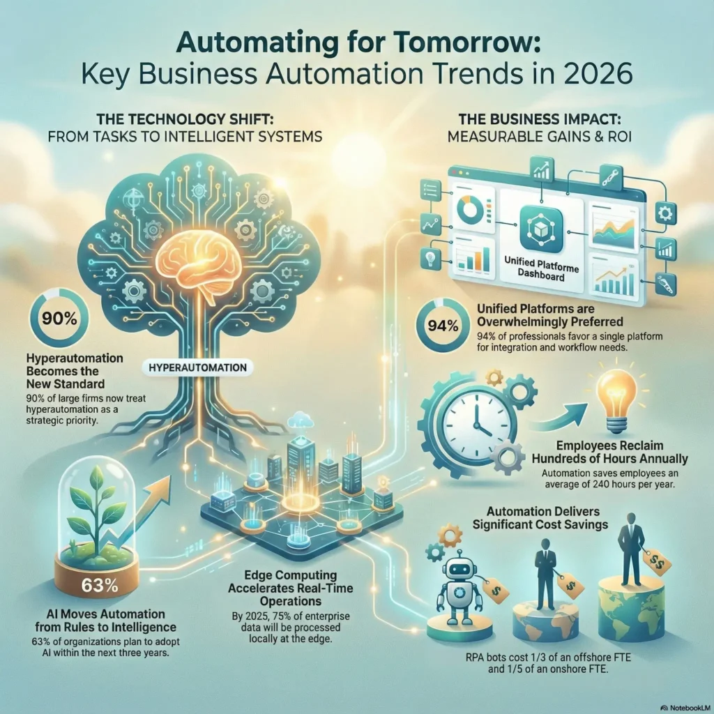 Infographic titled "Automating for Tomorrow: Key Business Automation Trends in 2026" accompanying the SmartKeys guide on AI integration. The visual illustrates the technology shift—where 90% of firms treat hyperautomation as a priority—and the resulting business impact. Key statistics include 94% of professionals preferring unified platforms, employees reclaiming an average of 240 hours annually, and significant cost savings where RPA bots cost one-fifth of an onshore FTE.