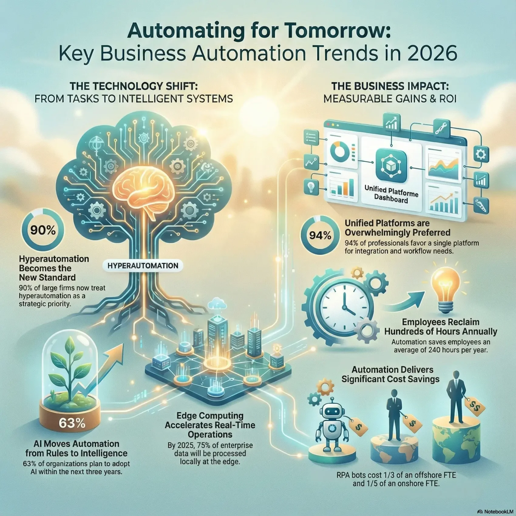 Infographic titled "Automating for Tomorrow: Key Business Automation Trends in 2026" accompanying the SmartKeys guide on AI integration. The visual illustrates the technology shift—where 90% of firms treat hyperautomation as a priority—and the resulting business impact. Key statistics include 94% of professionals preferring unified platforms, employees reclaiming an average of 240 hours annually, and significant cost savings where RPA bots cost one-fifth of an onshore FTE.