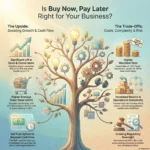 Infographic titled Is Buy Now, Pay Later Right for Your Business, visualizing the upsides like increased sales and the trade-offs such as higher merchant fees and risks.