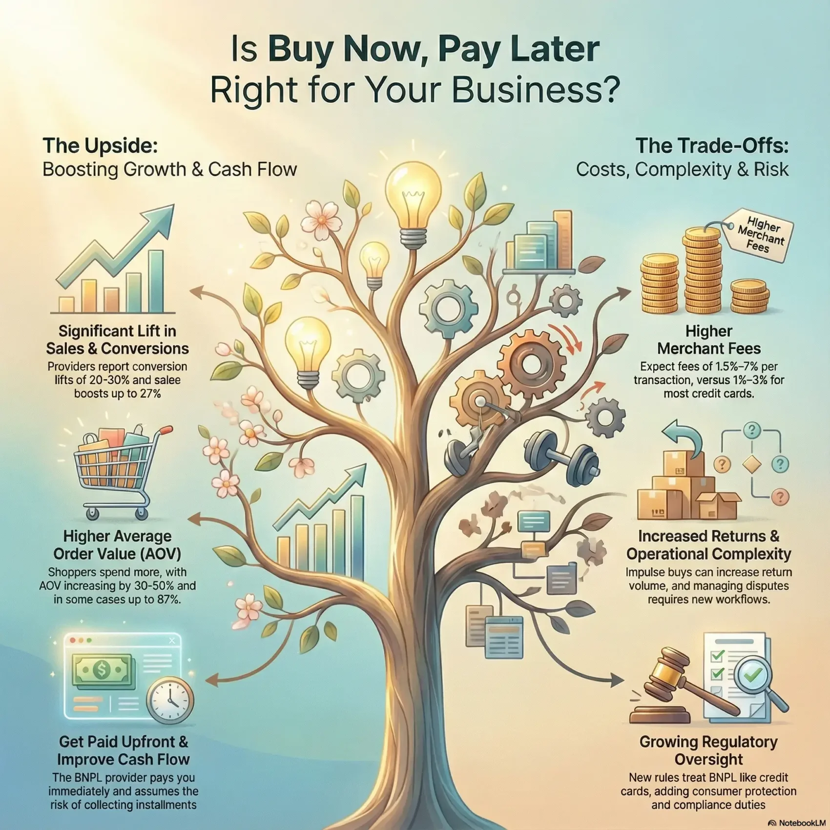 Infographic titled Is Buy Now, Pay Later Right for Your Business, visualizing the upsides like increased sales and the trade-offs such as higher merchant fees and risks.