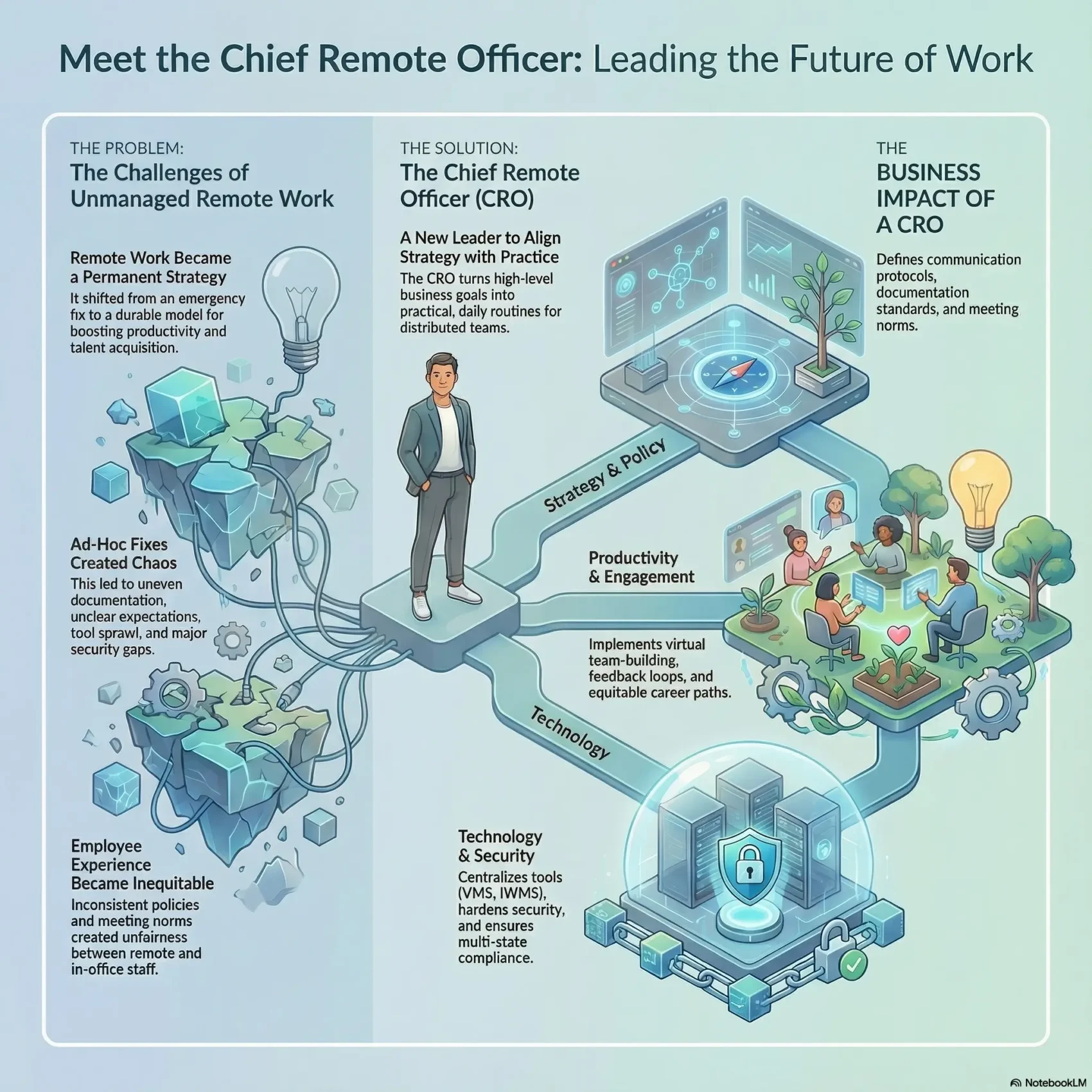 Infographic titled 'Meet the Chief Remote Officer: Leading the Future of Work' showing how this new executive role solves the chaos of unmanaged remote work. It outlines the CRO's key responsibilities—aligning strategy, boosting productivity, and centralizing technology—to ensure equitable and secure distributed operations.