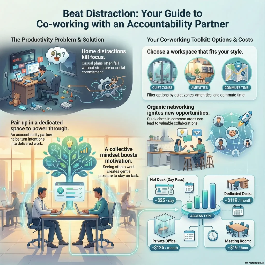 Infographic titled Beat Distraction guiding users on co-working with an accountability partner. It contrasts home distractions with the focus of dedicated workspaces, outlining benefits like networking and collective motivation, along with a cost comparison of hot desks versus private offices.