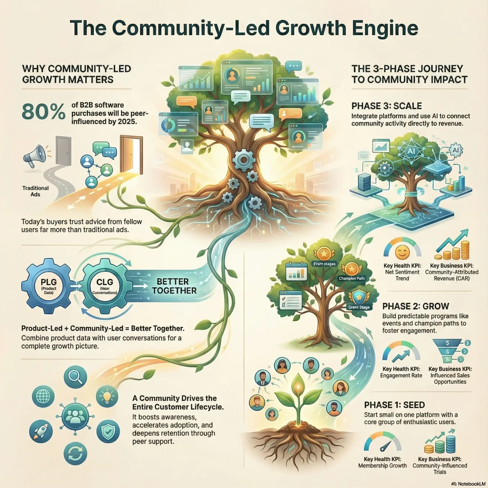 Infographic titled “The Community Led Growth Engine”. On the left, text and icons explain that 80 percent of B2B software purchases will be peer influenced by 2025 and that buyers trust advice from fellow users more than traditional ads. Gears labeled PLG and CLG show that product led and community led growth are better together, and a section notes that community drives the entire customer lifecycle from awareness to retention. In the center, a large tree filled with chat bubbles and profile icons represents an active user community. On the right, a winding path shows a three phase journey: Phase 1 Seed with a small sapling and metrics like membership growth and community influenced trials, Phase 2 Grow with a larger tree and metrics like engagement rate and influenced sales opportunities, and Phase 3 Scale with a digital platform and metrics like net sentiment trend and community attributed revenue. The overall message is that structured community programs can be built and scaled to create measurable business impact.