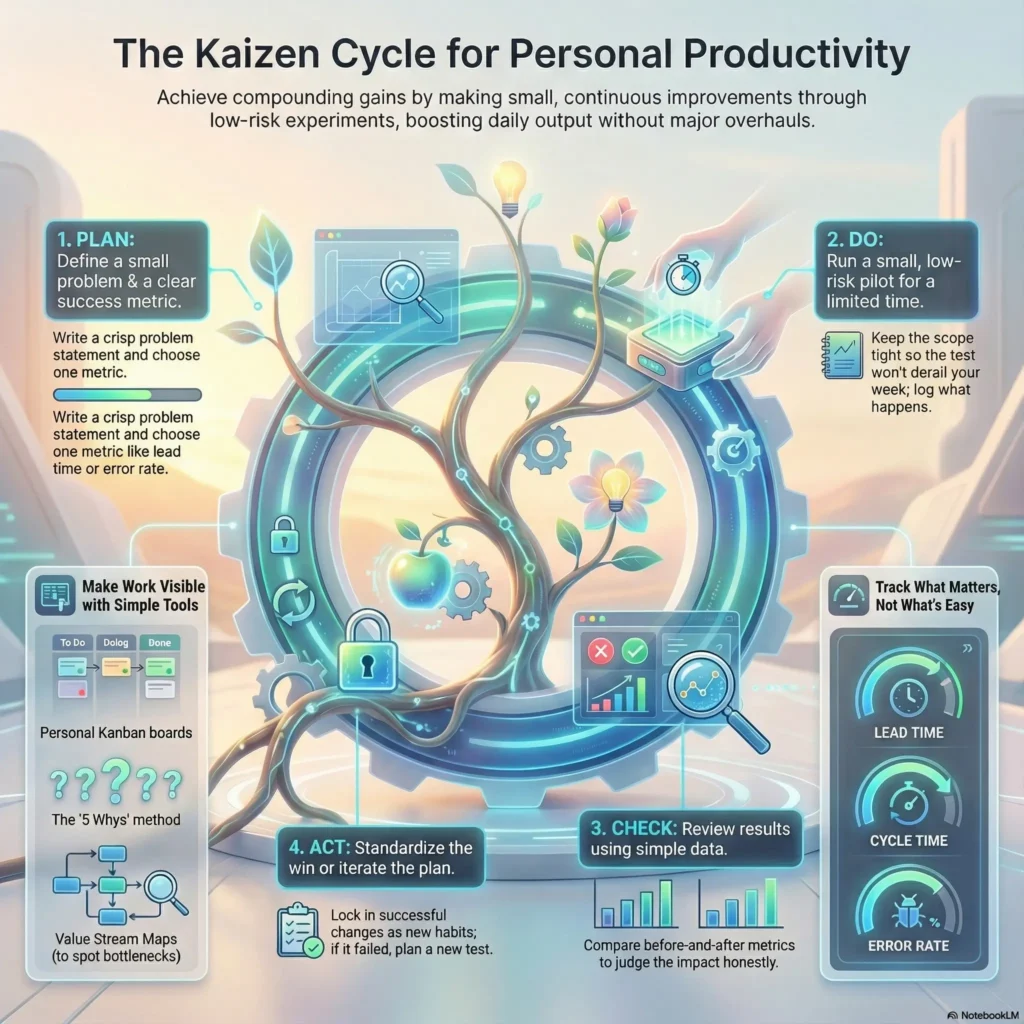 Infographic titled “The Kaizen Cycle for Personal Productivity”. At the top it says that small continuous improvements can boost daily output without major overhauls. In the center a circular gear with a growing plant represents the Kaizen loop. Four labeled steps surround it. Step 1 “Plan” advises defining a small problem and one clear success metric and includes icons of a document and charts. Step 2 “Do” shows a hand starting a small pilot test with notes about keeping the scope tight and logging what happens. Step 3 “Check” shows charts and a magnifying glass and explains reviewing results with simple before and after data. Step 4 “Act” highlights standardizing the win as a new habit or trying a new test if the experiment failed. On the left, a panel suggests tools such as personal Kanban boards, the “5 Whys” method, and value stream maps. On the right, a vertical gauge lists key metrics: lead time, cycle time, and error rate, with a reminder to track what matters, not just what is easy.