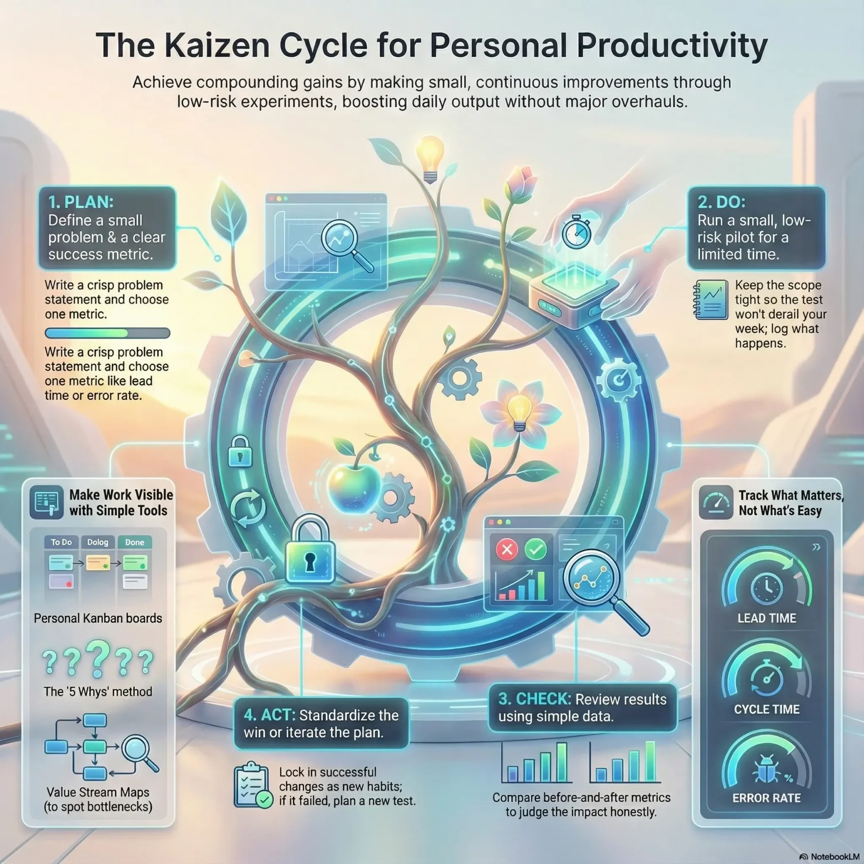 Infographic titled “The Kaizen Cycle for Personal Productivity”. At the top it says that small continuous improvements can boost daily output without major overhauls. In the center a circular gear with a growing plant represents the Kaizen loop. Four labeled steps surround it. Step 1 “Plan” advises defining a small problem and one clear success metric and includes icons of a document and charts. Step 2 “Do” shows a hand starting a small pilot test with notes about keeping the scope tight and logging what happens. Step 3 “Check” shows charts and a magnifying glass and explains reviewing results with simple before and after data. Step 4 “Act” highlights standardizing the win as a new habit or trying a new test if the experiment failed. On the left, a panel suggests tools such as personal Kanban boards, the “5 Whys” method, and value stream maps. On the right, a vertical gauge lists key metrics: lead time, cycle time, and error rate, with a reminder to track what matters, not just what is easy.