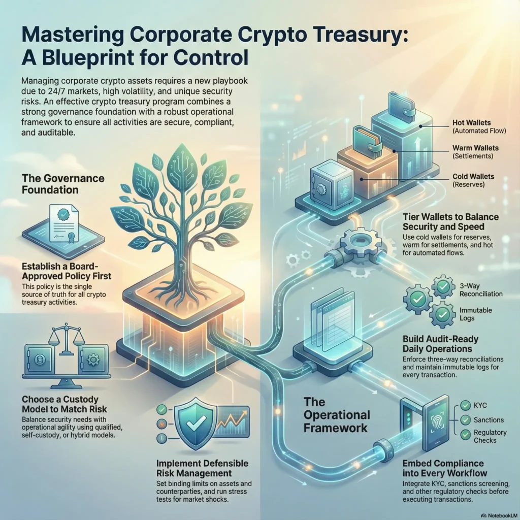 Infographic titled Mastering Corporate Crypto Treasury illustrating a blueprint for control. It details the governance foundation with board-approved policies and an operational framework featuring tiered wallet systems, 3-way reconciliation, and audit-ready workflows for secure digital asset management.