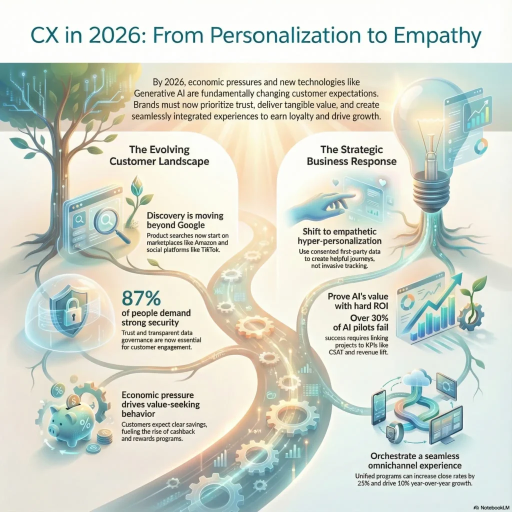 Illustrated infographic titled “CX in 2026: From Personalization to Empathy,” created for the SmartKeys.org article “Customer Experience Trends 2026: From Personalization to Empathy.” The left side shows an evolving customer landscape where discovery moves beyond Google to marketplaces and social platforms, 87% of people demand strong security, and economic pressure drives value seeking behavior with cashback and rewards programs. The right side visualizes the strategic business response, including a shift to empathetic hyper personalization using consented first party data, proving AI’s value with hard ROI as over 30 percent of pilots fail, and orchestrating a seamless omnichannel experience. A central road connecting a digital tree and glowing lightbulb symbolizes how trust, data governance, and AI driven journeys together shape customer experience and loyalty in 2026.