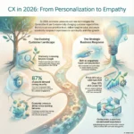 Illustrated infographic titled “CX in 2026: From Personalization to Empathy,” created for the SmartKeys.org article “Customer Experience Trends 2026: From Personalization to Empathy.” The left side shows an evolving customer landscape where discovery moves beyond Google to marketplaces and social platforms, 87% of people demand strong security, and economic pressure drives value seeking behavior with cashback and rewards programs. The right side visualizes the strategic business response, including a shift to empathetic hyper personalization using consented first party data, proving AI’s value with hard ROI as over 30 percent of pilots fail, and orchestrating a seamless omnichannel experience. A central road connecting a digital tree and glowing lightbulb symbolizes how trust, data governance, and AI driven journeys together shape customer experience and loyalty in 2026.