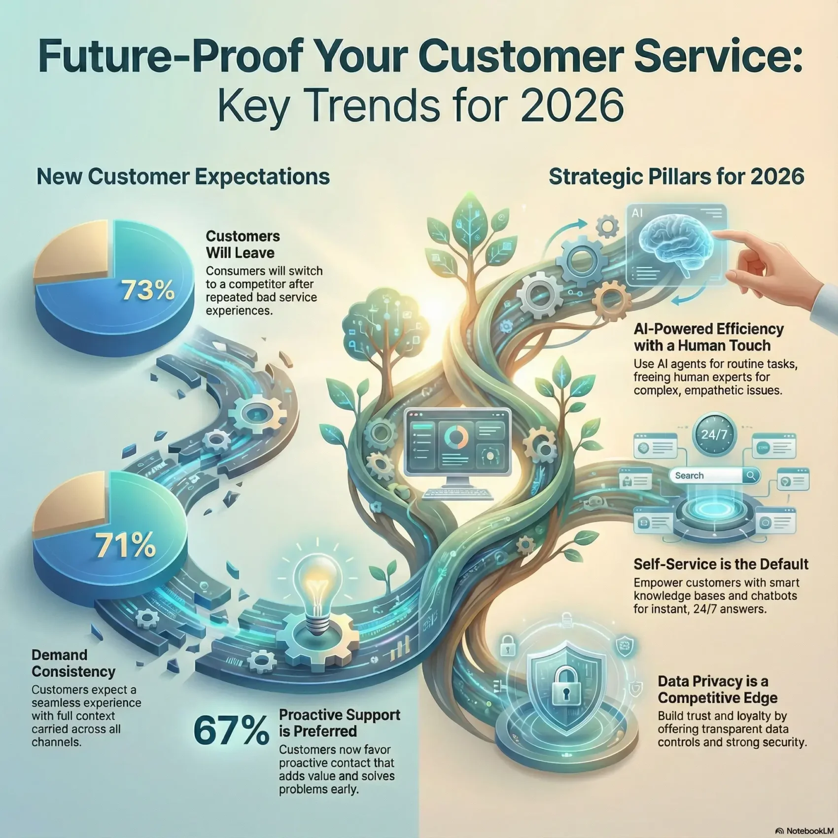 Infographic titled "Future-Proof Your Customer Service: Key Trends for 2026" accompanying the SmartKeys guide. The visual illustrates the high stakes of customer retention, noting that 73% of consumers will switch brands after poor experiences and 71% demand consistent cross-channel context. It outlines three strategic pillars for success: balancing AI-powered efficiency with human empathy, establishing self-service as the default for 24/7 answers, and leveraging data privacy and security as a competitive edge