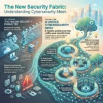Cybersecurity Mesh: A New Architecture for Distributed Business Security Infographic titled “The New Security Fabric: Understanding Cybersecurity Mesh”. On the left, under “The problem: the failing security perimeter”, a crumbling wall and scattered icons show how traditional borders no longer protect laptops, apps, and data spread across cloud and remote locations. Text explains that security has become fragmented and complex, with many separate tools creating blind spots and slow threat response. On the right, under “The solution: a unified cybersecurity mesh”, a glowing network connects four labeled platforms: (1) Security analytics and intelligence, (2) Distributed identity fabric, (3) Consolidated policy management, and (4) Consolidated dashboards. A tree with gears and lightbulbs symbolizes stronger protection and business agility through reduced complexity, improved threat detection, and simplified compliance and audits. A path of digital light flows from the broken perimeter into the unified mesh architecture.